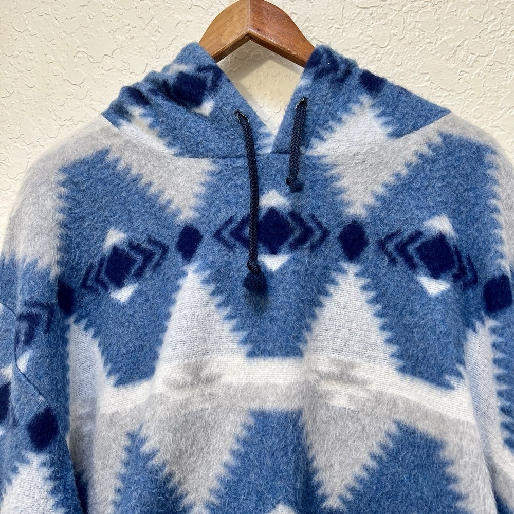 Fuzzy Pullover Hoodie‎ Blue Aztec Southwestern Style USA Made Retro Boho Tribal